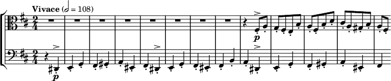
\new StaffGroup <<
  \new Staff { \relative c'' {
    \key d \major \clef alto
    \set Staff.midiInstrument = "violin"
    \tempo "Vivace" 2 = 108
    \time 2/4
    \compressMMRests {
    R2
    R2
    R2
    R2
    R2
    R2
    R2
    R2}
    r4 fis,,8-.^\accent\p a-.
    g-. [ fis-. e-. b'-. ]
    a-. [ fis-. b-. d-. ]
    cis-. [ a-. gis-. b-. ]
    a-. fis-.
  }}
  \new Staff { \relative c {
    \key d \major \clef bass
    \set Staff.midiInstrument = "cello"
    r4 dis,-.^\accent\p
    e-. g-.
    fis-. gis-.
    a-. eis-.
    fis-. dis-.^\accent
    e-. g-.
    fis-. eis-.
    fis-. b-.
    a-. dis,-.^\accent
    e-. g-.
    fis-. gis-.
    a-. eis-.
    fis 
  }}
>>
