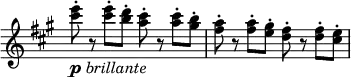 \relative c''' \new Staff \with { \remove "Time_signature_engraver" } { \key a \major \time 2/2 \set Score.tempoHideNote = ##t \tempo "" 4=165
<e cis>8-._\markup { \dynamic p \italic brillante } r q-. <d b>-. <cis a>-. r q-. <b gis>-.
<a fis>-. r q-. <gis e>-. <fis d>-. r q-. <e cis>-.
}