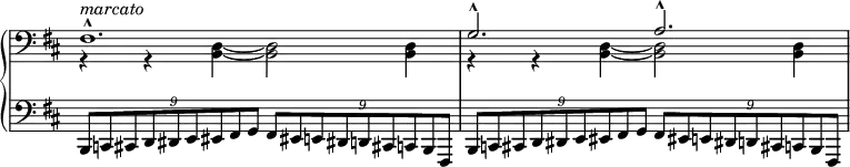 
 \relative c' {
  \new PianoStaff <<
   \new Staff \with { \remove "Time_signature_engraver" } { \key b \minor \time 6/4 \clef bass
    <<
     { fis,1.-^^\markup \italic marcato g2.-^ a-^ }
    \\
     { r4 r <d,~ b~>4( <d b>2 <d b>4 r r <d~ b~> <d b>2 <d b>4 }
    >>
   }
   \new Staff \with { \remove "Time_signature_engraver" } { \key b \minor \time 6/4 \clef bass
    \times 6/9 { b,8[ c cis d dis e eis fis g] } \times 6/9 { fis[ eis! e dis! d cis! c b fis] }
    \times 6/9 { b8[ c cis d dis e eis fis g] } \times 6/9 { fis[ eis! e dis! d cis! c b fis] }
   }
  >>
 }
