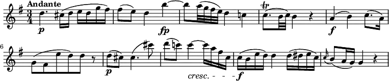 \relative c'' {
\version "2.18.2"
\key g \major
\time 3/4
\tempo "Andante"
\tempo 4 = 70
d4. \p cis16 (d e d g fis)
fis8 (e) d4 b'\fp ~ b8 a32 (g fis e) d4 c!
c8. \trill (b32 c) b4 r
a\f (b) c8. (a16)
g8 (fis e' d) d r
d\p (cis) cis4. (cis'8)
d (c!) c4\cresc ~ c16 a fis c
c\f (b e d) d4 d16 (dis e c)
\grace c16 (b8) (a16 g) g4 r
}