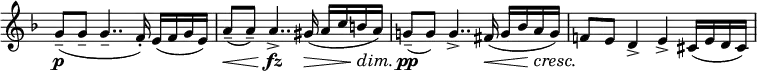 <<
\relative c'' \new Staff \with { \remove "Time_signature_engraver" } {
\set Score.tempoHideNote = ##t \tempo "" 4.=50 \key f \major \time 4/4
g8--( g-- g4..-- f16-.) e( f g e) a8--( a--) a4.._> gis16( a c b a)
g!8--( g) g4.._> fis16( g bes a g) f!8 e d4_> e_> cis16( e d cis)
}
\new Dynamics {
s8\p s s2. s8\< s s4..\fz s16\> s8 s\dim s\pp s s4.. s16\< s8 s\cresc s\!
}
>>