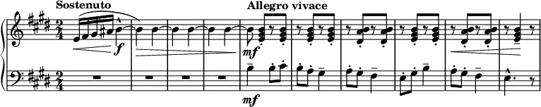
 { \new PianoStaff <<
    \new Staff = "RH" \relative c' { \clef treble \key e \major \time 2/4 \tempo Sostenuto
       e16\<( fis gis ais b4-\f^^~|b4\>) b4~|b4 b4~|b4 b4~|
       \tempo "Allegro vivace"
       b8\mf <b gis e>-.[ r <b gis e>-.] | r <b gis e>-.[ r <b gis e>-.] |
       r <b a dis,>-.[ r <b a dis,>-.] | r <b gis e>-.[ r <b gis e>-.] |  
       r\< <b a dis,>-.[ r <b a dis,>-.] | r <b gis e>4--\! r8 |  }
    \new Staff = "LH" \relative c' { \key e \major \time 2/4 \clef bass 
      R2 | R2 | R2 | R2 | 
       b4-\mf-- b8-. cis-. | b8-. a-. gis4-- | a8-. gis-. fis4-- |
       e8-. gis-. b4-- | a8-. gis-. fis4-- | e4.^^ r8 | }
   >> }
