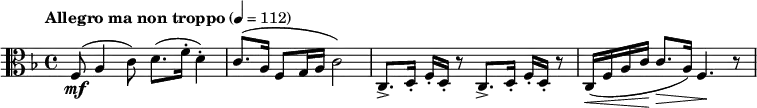 
\relative c' {
\key f \major \clef alto
\time 4/4
\tempo "Allegro ma non troppo" 4 = 112
\set Staff.midiInstrument = "violin"
f,8\mf ( a4 c8 ) d8. ( f16-. d4-. )
c8. ( a16 f8 g16 a c2 )
c,8.-> d16-. f-. d-. r8 c8.-> d16-. f-. d-. r8
c16\< ( f a c\! c8.\> a16 ) f4.\! r8
}
