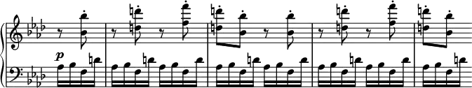 \relative c' {
\new PianoStaff <<
\new Staff \with { \remove "Time_signature_engraver" } { \key aes \major \time 2/4 \partial 4
r8 <bes'' bes,>-. r <d d,>-. r <f f,>-. <d d,>-. <bes bes,>-.
r <bes bes,>-. r <d d,>-. r <f f,>-. <d d,>-. <bes bes,>-.
}
\new Dynamics {
s4\p
}
\new Staff \with { \remove "Time_signature_engraver" } { \key aes \major \time 2/4 \clef bass
aes,,16 bes f d' aes bes f d' aes bes f d' aes bes f d'
aes bes f d' aes bes f d' aes bes f d' aes bes f d'
}
>>
}