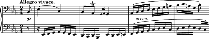 
 \relative c' {
  \new PianoStaff <<
   \new Staff { \key es \major \time 2/4 \tempo "Allegro vivace." \clef bass \partial 8
    bes,8 es4( c) bes8 aes\trill \grace { g16[ aes] } g4 aes16( bes c d es f g a bes c a f bes8-.)
   }
   \new Dynamics {
    s8\p s2 s s16 s\cresc s\!
   }
   \new Staff { \key es \major \time 2/4 \clef bass
    r8 r16 es,, f g aes g f es d c d bes es d es e
    f( g aes bes c d es c d es f es d[ \set stemRightBeamCount = #2 c])
   }
  >>
 }

