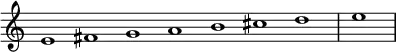 \relative c' {
\new Staff \with { \remove "Time_signature_engraver" }
{ \key a \minor \time 1/1 \cadenzaOn e1 fis g a b cis d \bar "|" e \bar"|"}
}
