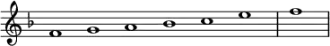 \relative c' {
\new Staff \with { \remove "Time_signature_engraver" }
{ \key f \major \time 1/1 \cadenzaOn f1 g a bes c e \bar "|" f \bar"|"}
}