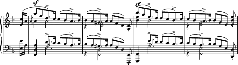 
\relative c'' {
  \new PianoStaff <<
   \new Staff \with { \remove "Time_signature_engraver" } {
    \key f \major \time 4/4 \set Score.tempoHideNote = ##t \tempo "" 4=94 \partial 8
    <<
     {
      <c e,>16 ( a a'8^\sf[ f d8.)-> c16] c8[ ( bes a8.)-> bes16]
      bes8[ ( a gis8.)-> a16] a8( [ f d] ) <d a>_.
      bes''8^\sf[ ( g e8.)-> d16] d8[( c bes8.)-> c16]
      c8[ ( bes a8.)-> bes16] bes8[ ( g e) ] <e' bes e,>_.
     }
    \\
     {
      s8 \once \stemUp \slashedGrace a,8~ a4 a2 s4 r4 <f d>2 s4
      <e' bes>4 bes2 s4 r4 <g e>2 s4
     }
    >>
   }
   \new Staff \with { \remove "Time_signature_engraver" } {
    \key f \major \time 4/4 \clef bass
    <<
     { 
      s8 <a, d, f,>4 d8.-> c16 c8[ ( bes a8.)-> bes16]
      bes8[ ( a gis8.)-> a16] a8[ ( f d) ] <f, f,>_.
      <g g,>4 e''8.-> d16 d8[ ( c bes8.)-> c16]
      c8[ ( bes a8.)-> bes16] bes8[ ( g e) ] <d d,>_.
     }
    \\
     { <e' e,>16 a, s4 f2. r4 <d f,>2 s4 s g2. r4 <e g,>2 s4 }
    \\
     { s8 s4 a2 s4 s1 s4 bes2 }
    >>
   }
  >>
 }
