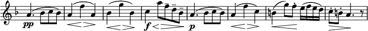 \relative c'' \new Staff \with { \remove "Time_signature_engraver" } {
\key f \major \time 3/4 \set Score.tempoHideNote = ##t \tempo "" 4=134
a4.\pp ( bes8 c bes) a4\<( f'\> a,\!) bes\<( g'\> bes,\! ) c\f \< a'8\> f-- d-- bes--
a4.\p ( bes8 c bes) a4\< ( f'\> c\! ) b\< ( g'8) f-.\! e16( f e d) c8-.\> b-. a4.\! r8
}