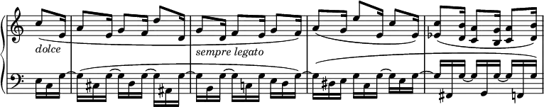 \relative c' {
\new PianoStaff <<
\new Staff \with { \remove "Time_signature_engraver" } { \key c \major \time 9/16 \partial 8.
c'8_\markup \italic dolce ( e,16 a8 e16 g8 f16 d'8 d,16 g8_\markup { \italic { sempre legato } } d16 f8 e16 g8 f16)
a8( g16 e'8 e,16 c'8 e,16) <c' es,>8( <b d,>16 <a c,>8 <g b,>16 <a c,>8 <b d,>16)
}
\new Staff \with { \remove "Time_signature_engraver" } { \key c \major \time 9/16 \clef bass
e,,16 c g'~ g( cis, g'~ g d g~ g ais, g'~ g b, g'~ g c,! g' e d g~) g( dis e g c, g'~ g e g~ g fis, g'~ g g, g'~ g f, g')
}
>>
}