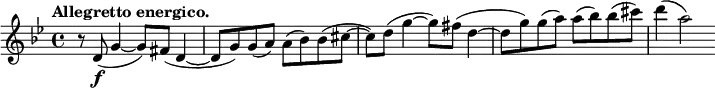 
\relative c' {
 \key g \minor \time 4/4 \set Score.tempoHideNote = ##t \tempo "Allegretto energico." 4=132
 r8 d\f ( g4~ g8) fis( d4~ d8 g) g( a) a( bes) bes( cis( ~ 
 cis) d( g4~ g8) fis( d4~ d8 g) g( a) a( bes) bes( cis) d4( a2)
}
