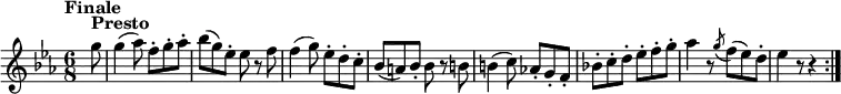 \version "2.18.2"
\relative c'' {\set Staff.midiInstrument = #"violin"
\key es \major
\time 6/8
\tempo "Finale"
\tempo 4 = 240
\partial 8 g'8^\markup\bold{Presto}
g4 (aes8) f-. g-. aes-.
bes (g) es-. es r f
f4 (g8) es-. d-. c-.
bes (a) bes-. bes r b
b4 (c8) aes!-. g-. f-.
bes!-. c-. d-. es-. f-. g-.
aes4 r8 \acciaccatura g8 f (es) d-.
es4 r8 r4 \bar ":|."
}