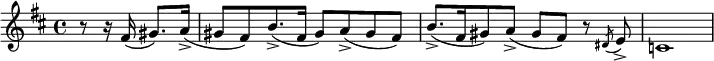 
\relative c' { \key d \major \time 4/4 \partial 2
    r8 r16 fis( gis8.)  a16->( | gis8[ fis)  b8.->( fis16]  gis8)  a->( gis fis) | b8.->[( fis16  gis8)  a->]( gis fis) r8 \acciaccatura dis8 e-> | c1  }
