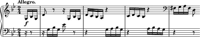 \relative c' {
\new PianoStaff <<
\new Staff {
\key g \minor \time 2/4 \set Score.tempoHideNote = ##t \tempo "Allegro." 4=116 \partial 8.
g16\f bes g d'8 r r16 g,16 bes g d' c bes a r4
c16 d c bes r4 \clef bass fis16 g a fis d8
}
\new Staff { \key g \minor \time 2/4 \clef bass
r16 r8 r16 g bes g es'8 r8 r4 g,16 a bes g r4 a16 bes a g r4 r8
}
>>
}