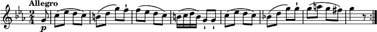 \relative c'' {
\version "2.18.2"
\key ees \major
\tempo "Allegro"
\time 2/4
\tempo 4 = 120
\partial 8 g8\p c (ees d c)
b (d g) f-!
f (ees d c)
b16 (c d b) g8-! g-!
c (ees d c)
bes! (d g) g-!
g (a g fis)
g4 r8
\bar ":|."
}