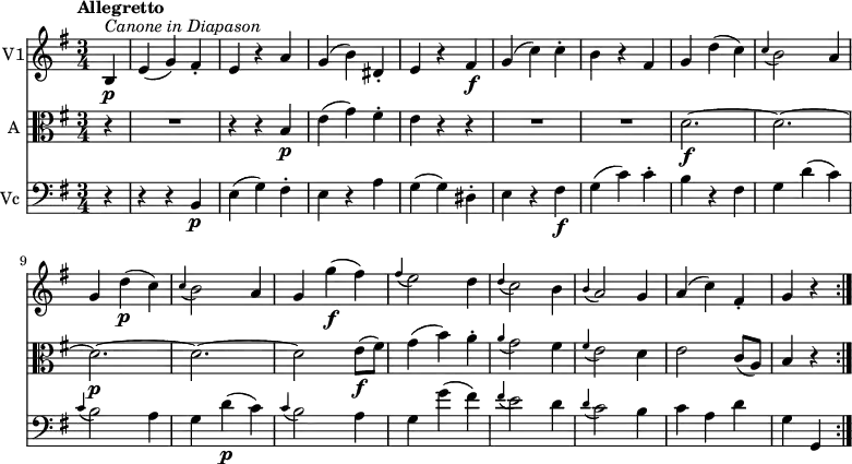 << \new Staff \with { instrumentName = #"V1"}
\relative c'' {
\version "2.18.2"
\key g \major
\tempo "Allegretto"
\time 3/4
\tempo 4 = 160
\partial4 b,4\p^\markup \italic { Canone in Diapason }
e (g) fis-.
e r a
g (b) dis,-.
e r fis\f
g (c) c-.
b r fis
g d'(c)
\grace c4 (b2) a4
g d'\p (c)
\grace c4 (b2) a4
g g'\f (fis)
\grace fis4 (e2) d4
\grace d4 (c2) b4
\grace b4 (a2) g4
a (c) fis,-.
g r \bar ":|."
}
\new Staff \with { instrumentName = #"A "} \relative c' {
\key g \major
\clef "alto"
\partial4 r4 R1*3/4
r4 r b \p
e (g) fis-.
e r r
R1*3/4 R1*3/4
d2.\f ~ d ~ d \p ~ d ~ d2 e8\f (fis)
g4 (b) a-.
\grace a4 (g2) fis4
\grace fis4 (e2) d4
e2 c8 (a)
b4 r \bar ":|."
}
\new Staff \with { instrumentName = #"Vc "} \relative c' {
\key g \major
\clef "bass"
\partial4 r4 r r b, \p
e (g) fis-.
e r a
g (g) dis-.
e r fis\f
g (c) c-.
b r fis
g d' (c)
\grace c4 (b2) a4
g d'\p (c)
\grace c4 (b2) a4
g g' (fis)
\grace fis4 (e2) d4
\grace d4 (c2) b4
c a d
g, g, \bar ":|."
}
>>