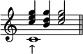 <<{\omit Staff.TimeSignature <c''e''g''>4<b'd''g''><c''e''g''>2}\\{c'1_"↑保続音" \bar "||"}>>