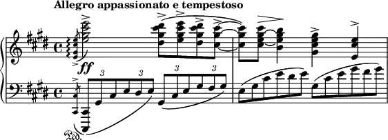 
\relative c'' {
 \new PianoStaff <<
  \new Staff { \key cis \minor \time 4/4 \set Score.tempoHideNote = ##t
   \tempo "Allegro appassionato e tempestoso" 4=132
   \acciaccatura <e cis gis e>8-> \arpeggio <e' cis gis e>2->
   <dis cis gis dis>8->( <e cis gis e>-> <dis cis gis dis>-> <cis gis cis,>-> ~
   q) <cis gis~ e~ cis>( ^\> <b gis e b>4\! <gis e cis gis>-> <e cis e,>^>
  }
  \new Dynamics {
   s8\ff
  }
  \new Staff { \key cis \minor \time 4/4 \clef bass
   \omit TupletBracket
   \acciaccatura <cis,, cis,>8^> \sustainOn
   \times 2/3 { <cis, cis,>[ ( gis' cis } \times 2/3 { e dis e) ] }
   \times 2/3 { gis,[ ( cis e } \times 2/3 { gis fis gis) ] }
   e8*2/3[ ( gis cis e dis e) ] gis,[ ( cis e gis fis gis) ]
  }
 >>
}
