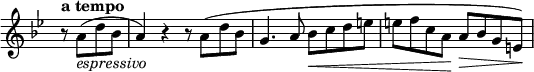 \relative c' \new Staff \with { \remove "Time_signature_engraver" } {
\key bes \major \time 4/4 \tempo "a tempo" \partial 2
r8 a'_\markup { \italic espressivo }( d bes a4) r r8 a( d bes
g4. a8 bes\< c d e e f c a\! a\> bes g e\!)
}