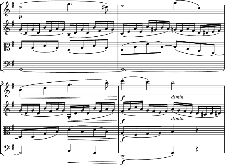 \new StaffGroup <<
\new Staff \with { \remove "Time_signature_engraver" } {
\relative c' { \key g \major \time 4/4
d'2\p( g4. dis8) e2 a4( c,) b\<( d g4. b8) d4\f( c) b2 _\markup{ \italic dimin. } } }
\new Staff \with { \remove "Time_signature_engraver" } {
\relative c' { \key g \major \time 4/4
g'16( d g d b' fis a g) b,( d g d b' fis a g) c,( e a e c' gis b a) g( fis a fis d dis e fis)
g( d g d b' fis a g) g,\<( d' g d b' fis a g) fis\f( a c a g fis e fis) a _\markup{ \italic dimin. }( g fis e d cis d dis) } }
\new Staff \with { \remove "Time_signature_engraver" } {
\relative c' { \key g \major \time 4/4 \clef C
b8 b( d b) g( b d b) g( c fis c~) c( a fis d~) d d( g b) d\<( b d b) a\f( fis g a) b4 r } }
\new Staff \with { \remove "Time_signature_engraver" } {
\relative c' { \key g \major \time 4/4 \clef bass
g,1~ g~ g2 b4\< g d2\f( g4) r } }
>>