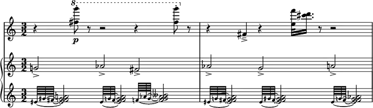 
\new StaffGroup
 \with {
   systemStartDelimiter = #'SystemStartBar
 }
<<
  \new Staff \relative c''''' { \key c \major \set Score.tempoHideNote = ##t \tempo "" 4=72 \time 3/2
    \set Score.currentBarNumber = #4
   {
    \grace s32. r4 \ottava #1 <g fis,>8-.\p r r2 r4 <g fis,>8-. \ottava #0 r
    r4 fis,,,4--\accent r <f'' e,>32 <d cis>16. r8 r2
   }
  }
  \new GrandStaff <<
   \new Staff \relative c'' { \key c \major \time 3/2
    \grace s32. g!2-> aes-> fis-> aes-> g-> a->
   }
   \new Staff \relative c' { \key c \major \time 3/2
    \set tieWaitForNote = ##t \override Score.SpacingSpanner.strict-grace-spacing = ##t
    s64 \grace { eis64~[ gis~ fis~] } <a! gis fis eis>2 \grace { eis64~[ g~ fis~] } <a g fis eis>2 \grace { f64~[ aes~ g~] } <beses aes g f>2
    \grace { eis,64~[ g!~ fis~] } <a g fis eis>2 \grace { eis64~[ gis~ fis~] } <a gis fis eis>2 \grace { eis64~[ g~ fis~] } <aes g fis eis>2*31/32
   }
  >>
 >>
