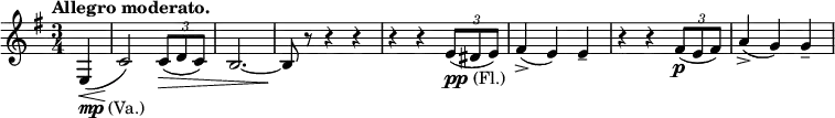 \relative c' \new Staff {
\key e \minor \time 3/4 \tempo "Allegro moderato." \partial 4
e,_\markup { \dynamic mp (Va.) } \< ( c'2\! ) \times 2/3 { c8\> ( d c) } b2.~ b8\! r8 r4 r
r r \times 2/3 { e8_\markup { \dynamic pp (Fl.) } ( dis e) } fis4-> ( e) e--
r r \times 2/3 { fis8\p ( e fis) } a4-> ( g) g--
}