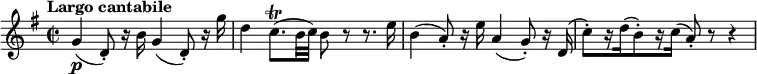 
\version "2.18.2"
\relative c'' {
  \key g \major
  \time 2/2
  \tempo "Largo cantabile "
  \tempo 4 = 60
  g4\p (d8-.) r16 b' g4 (d8-.) r16 g'
  d4 c8.\trill (b32 c) b8 r r8. e16
  b4 (a8-.) r16 e' a,4 (g8-.) r16 d
  (c'8-.) [r16 d (b8-.) r16 c] (a8-.) r r4
}
