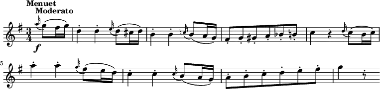 \version "2.18.2"
\relative c'' {
\key g \major
\time 3/4
\tempo "Menuet "
\tempo 4 = 122
\partial 4 \grace a'16^\markup { \bold Moderato } \f (g8) (fis16 g)
d4-. d-. \grace e16 (d8) (cis16 d)
b4-. b-. \grace c!16 (b8) (a16 g)
fis8-. g-. gis-. a-. bes-. b-.
c4 r \grace d16 (c8) (b16 c)
a'4-. a-. \grace g16 (fis8) (e16 d)
c4-. c-. \grace c16 (b8) (a16 g)
a8-. b-. c-. d-. e-. fis-.
g4 r8-.
}