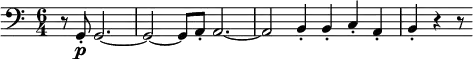 \relative c' {
\key c \major \clef bass
\time 6/4
\tempo ""
\tempo 4 = 360
\partial 1 r8 g,-.\p g2.~
g2~ g8 a-. a2.~
a2 b4-. b-. c-. a-.
b-. r r8
}