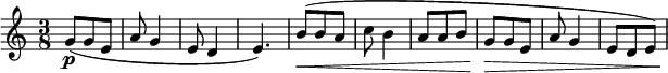 \relative c'' { \new Staff { \key a \minor \time 3/8 \numericTimeSignature
g8-\p( g e | a8 g4 | e8 d4 | e4.) |
b'8\<( b a | c8 b4 | a8 a b | g\> g e | a8 g4 | e8 d e) |\!
}}