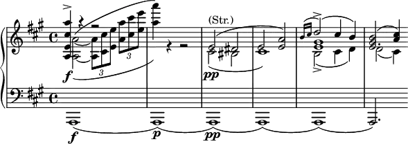 
 
	\new PianoStaff <<
		\new Staff = "r" <<
			\clef "violin"
			\key a \major
			\new Voice {
				\voiceOne
				\relative {
					\once \override NoteColumn.force-hshift = #-0.6 < a e' cis' a' >4\f\accent r r2
					s1
					e'2(^\markup { (Str.)} dis
					e2 < e a >)
					<< { \grace { b'16( cis } d2\accent )( cis4 b) } \\ gis1 e >>
					<< e2. { <gis b>2( <a cis>4) } >>
				}
			}
			\new Voice {
				\voiceTwo
				\relative {
					\once \override NoteColumn.force-hshift = #0.6 <a~ a'~>2^(_( \tuplet 3/2 { <a a'>8 <cis cis'> <e e'> } \tuplet 3/2 { < a a'> <cis cis'> <e e'> }
					<a a'>4)) r r2
					cis,,2\pp( bis
					cis1)
					b2\accent( cis4 d)
					d2( cis4)
				}
			}
		>>
		\new Staff = "l" <<
			\clef "bass"
			\key a \major
			\new Voice {
				\relative { a,,1\f( a\p)( a\pp) ( a) ( a) ( a2.) }
			}
		>>
	>>
