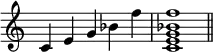 {\omit Staff.TimeSignature \time 5/4 c'4e'g'bes'f'' \time 4/4 <c'e'g'bes'f''>1 \bar "||"}