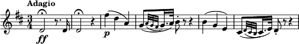 
\version "2.18.2"
\relative c'' {
  \key d \major
  \time 3/4
  \tempo "Adagio "
  \tempo 4 = 50
  d,2\fermata \ff r8. d16
  d2\fermata r4
  fis'\p (d a)
  g8 [(\acciaccatura {a32 g fis} g16. a32)] b8-. r r4
  b (g e)
  cis8 [(\acciaccatura {d32 cis b} cis16. e32)] d8-. r r4
}
