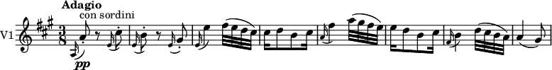 \version "2.18.2"
\new Staff \with { instrumentName = #"V1"}
\relative c' {
\key a \major
\tempo " Adagio"
\time 3/8
\tempo 4 = 50
\grace a16 (a'8)-. \pp ^ \markup {con sordini} r \grace e16 (cis'8)-.
\grace e,16 (b'8)-. r \grace e,16 (gis8)-.
\grace e16 (e'4) fis32 (e d cis)
cis16 d8 b cis16
\grace a16 (fis'4) a32 (gis fis e)
e16 d8 b cis16
\grace fis,16 (b4) d32 (cis b a)
a4 (gis8)
}