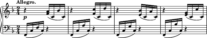 \relative c'' {
\new PianoStaff <<
\new Staff { \key f \major \time 4/4 \set Score.tempoHideNote = ##t \tempo "Allegro." 2=86
r4\p <a f>16( c, bes' c,) r4 <c' f,>16( c, d' c,)
r4 <bes' e,>16( c, a' c,) r4 <g' e>16( c, c' c,)
}
\new Staff { \key f \major \time 2/4 \clef bass
f,,16( c' f c) r4 f,16( c' a' c,) r4 f,16( c' g' c,) r4 f,16( c' bes' c,) r4
}
>>
}
