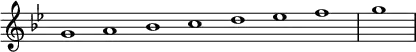 \relative c'' {
\new Staff \with { \remove "Time_signature_engraver" }
{ \key g \minor \time 1/1 \cadenzaOn g1 a bes c d ees f \bar "|" g \bar"|"}
}