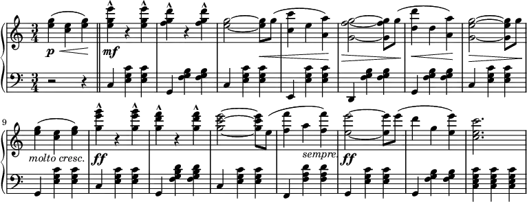\relative b' {
\new PianoStaff <<
\new Staff { \key a \minor \time 3/4
\set Score.tempoHideNote = ##t
\tempo "" 2. = 64
<e g>4\p\<( <c e>4 <e g>\!) \bar "||" <e g e'>-^\mf r <e g e'>-^ <f g d'>-^ r <f g d'>-^ <e g>2~ <e g>8\< g( <c c,>4 e, <a, a'>)\! <g g' f>2~\> <g g' f>8 g'\!( <d' d,>4\< d, <a a'>)\! <g g' e>2~\> <g g' e>8 g'\! <e g>4(_\markup {\halign #-0.8 \italic "molto cresc." } <c e>4 <e g>) <g e' g>-^\ff r <g e' g>-^ <g d' f>-^ r <g d' f>-^ <g c e>2~
<g c e>8 e( <f f'>4 a_\markup { \italic sempre. } <f f'>4) <e e'>2~\ff <e e'>8 e'( d4 g, <e e'>4) <c e c'>2.
}
\new Staff { \key a \minor \time 3/4 \clef bass
r2 r4 c,,4 <e g c> <e g c> g, <b' g f> <b g f> c, <c' g e> <c g e> e,, <c'' g e> <c g e> d,, <b'' g f> <b g f> g, <b' g f> <b g f> c, <c' g e> <c g e> g, <c' g e> <c g e> c, <c' g e> <c g e> g, <b' g f d'> <b g f d'> c, <c' g e> <c g e> f,, <d'' a f> <d a f> g,, <c' g e> <c g e> g, <b' g f> <b g f> <c, e g c> <c e g c> <c e g c>
}
>>
}