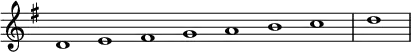 \relative c' {
\new Staff \with { \remove "Time_signature_engraver" }
{ \key g \major \time 1/1 \cadenzaOn d1 e fis g a b c \bar "|" d \bar"|"}
}