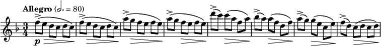 \relative c'' {
\key f \major
\time 3/4
\tempo "Allegro" 2. = 80
\set Timing.beamExceptions = #'()
\set Staff.midiInstrument = "violin"
f8->\p\>( e d c d c\!)
f->( e\> d c d c\!)
a'->( g\> f e f e\!)
a->( g f\> e f e\!)
d'->( c) c\>( a f a\!)
bes->( a) a\>( f d f\!)
a->( g) g\>( e c e\!)
f->( d) c\>( d c d\!)
}