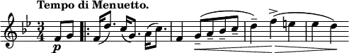 \relative c' {
\set Score.tempoHideNote = ##t \tempo "Tempo di Menuetto." 4=160 \key bes \major \time 3/4 \partial 4
f8\p g \bar".|:" f16( d'8.) c16( g8.) a16( c8.)
f,4 g8--( \< a-- bes-- c-- d4--) f4-> \>( e es d\!)
}