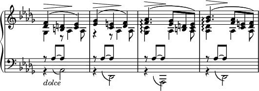 
 \relative c' {
  \new PianoStaff <<
   \set PianoStaff.connectArpeggios = ##t
   \new Staff \with { \remove "Time_signature_engraver" } { \key des \major \time 3/4
    <<
     {
      <f des>4( <d b> <es c>) <ges es>( <e c> <f des>)
      <aes f>4.\arpeggio ( <ges es>8 <d b> <es c>) <bes' ges>4.\arpeggio ( <aes f>8 <e c> <f des>)
     }
    \\
     {
      ges,4^\> r8 aes4\! aes8 r4^\> r8 aes4\! aes8
      <c ges>4\arpeggio ^\> s8\! aes4 aes8 <des aes>4\arpeggio ^\> s8\! aes4 aes8
     }
    >>
   }
   \new Staff \with { \remove "Time_signature_engraver" } { \key des \major \time 3/4 \clef bass
    <<
     { r8_\markup \italic dolce aes~ aes s4. r8 aes~ aes s4. r8 aes~ aes s4. r8 aes~ aes s4. }
    \\
     { r4 aes,2 r4 des,2 r4 aes2 r4 des2 }
    \\
     { % this hidden voice is set to show slurs between different voices
      \hideNotes \override NoteColumn #'force-hshift = #0.1
      s8 aes''_\( \stemDown aes,2\) s8 \stemUp aes'_\( des,,2\) s8 aes''_\( aes,,2\) s8 aes''_\( des,,2\)
     }
    >>
   }
  >>
 }
