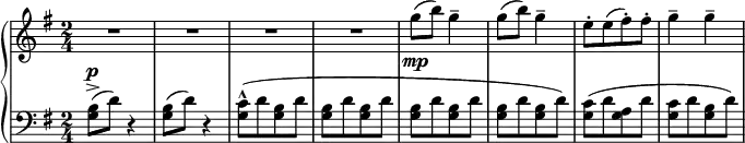 
 { \new PianoStaff <<
    \new Staff = "RH" \relative c'' { \clef treble \key g \major  \time 2/4
       R2 R2 R2 R2 
        g'8-\mp( b8) g4-- | g8( b8) g4-- | [ e8-. e( fis-.)  fis-.] | g4-- g-- | }
    \new Staff = "LH" \relative c' { \clef bass \key g \major  \time 2/4 
       <b g>8^\p->( d) r4 | <b g>8( d) r4 | [ <c g>8^^( d <b g> d ] | [ <b g> d <b g> d ] |
      [ <b g> d <b g> d ] | [ <b g> d <b g> d) ] | [ <c g>8( d <a g> d ] | [ <c g>8 d <b g> d) ] | }
   >> }
