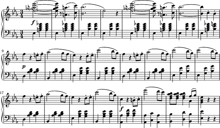 \relative b' {
\new PianoStaff <<
\new Staff { \key c \minor \time 3/4
\set Score.tempoHideNote = ##t
\tempo "" 2. = 64
{
<ees ges a ees'>2.~ <ees ges a ees'>8 b\rest <a a'>4.( <c c'>8) <bes bes'>2.( ees2) b4\rest <ees ges a ees'>2.~ <ees ges a ees'>8 b\rest <a a'>4.( <c c'>8) <bes bes'>2.~ <bes bes'>4 c-. bes-. f' b,\rest e8-. f-. aes2( g8 f ees4) b\rest d8-. ees-. c'2( bes8 g) f4 b,\rest e8-. f-. aes2( g8 f) c'2( bes8 g) c2( bes8 g) f4 b,\rest e8-. f-. aes2( g8 f) ees4 b\rest d8-. ees-. c'2( bes8 g) c,4 b\rest b8-. c-. ees'2( d8 c) <bes aes f d> <bes aes f d> <bes aes f d>4
}
<<
{f8( g)}
\\
{aes,4}
>>
{ <g bes ees>4 b\rest b\rest}
}
\new Dynamics {
s2.\f s8 s8 s4. s8 s2. s2 s4 s2. s8 s s4. s8 s2. s4 s s s\p s s8 s s2 s8 s s4 s s8 s s2 s8 s s4 s s8 s s2 s8 s s2 s8 s s2 s8 s s4 s s8 s s2 s8 s s4 s s8 s s2 s8 s s4\f s s8 s s2 s8 s s s s4 s4 s4
}
\new Staff { \key c \minor \time 3/4 \clef bass
ees,,4 <a c ees ges> <a c ees ges> ees4 <a c ees ges> <a c ees ges> ees4 <bes' ees g> <bes ees g> ees,4 <bes' ees g> <bes ees g> ees,4 <a c ees ges> <a c ees ges> ees4 <a c ees ges> <a c ees ges> ees4 <bes' ees g> <bes ees g> ees,4 <a c ees ges> <bes ees g> d, <aes' bes d> <aes bes d> bes, <aes' bes d> <aes bes d> ees <g bes ees> <g bes ees> bes, <g' bes ees> <g bes ees> d <aes' bes d> <aes bes d> bes, <aes' bes d> <aes bes d> ees <g ees'> <bes g'> ees, <g ees'> <bes g'> d, <aes' bes d> <aes bes d> bes, <aes' bes d> <aes bes d> ees <g bes ees> <g bes ees> bes, <g' bes ees> <g bes ees> <aes, aes'> <aes' c f> <aes c f> <aes, aes'> <c c'> <aes aes'> <bes bes'> <d d'> <bes bes'> <ees ees'> r r
}
>>
}