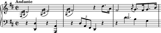 \relative c' {
\new PianoStaff <<
\new Staff { \key d \major \time 2/2 \tempo "Andante"
s256 \grace {fis,16 (a} d2) \grace {a16 (cis} e2) \grace {a,16 (d} fis2) r4 d'8. a16 fis2 \slashedGrace a8 (g8.) fis16 g8. b16
}
\new Staff { \key d \major \time 2/2 \clef bass
s256 r4 <d,, d,> r <a a,> r \times 2/3 {d8 a fis} d4 r r <<
{d''2.}
\\
{d4 b g}
>>
}
>>
}