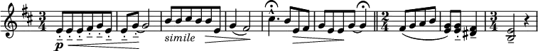 
\relative c' {  
  \new Staff  
   { \key b \minor  \time 3/4
   [ e8\p-_\< e-_ e-_ fis-_ g-_ e-_ ] | e-_ g-_~\! g2 |
    b8-\markup { \italic {simile} } b cis b b\> e, | g4( fis2)\! |
    cis'4.\fermata^^ b8 e,\> fis | g e e\! g~ g4\fermata \bar "||" 
    \time 2/4 [fis8\<( g a b ] | <g e>\>)  <g e >-_ <fis dis >4-- | \time 3/4 <e b>2-- r4 | 
  }}
