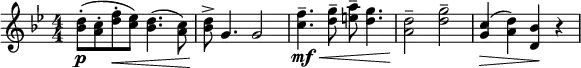 
\relative c'' {  
  \new Staff { \key g \minor  \numericTimeSignature \time 4/4
   [ <d bes>8-\p-.( <c a>-. <f d>-.\< <ees c >) ] <d bes>4.( <c a>8) | <d bes >8->\! g,4. g2 |
   <f' c>4.-- -\mf\< <g d>8-- <a e>8-- <g d>4. |
   <d a >2--\! <g d>2--  | <c, g>4(\> <d a>4) <bes d,>4\! r4 |
   }}
