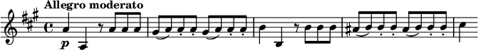 \relative c'' {
\tempo "Allegro moderato"
\key a \major
a4\p a, r8 a' a a |
\repeat unfold 2 { gis8( a) a-. a-. } |
b4 b, r8 b' b b |
\repeat unfold 2 { ais8( b) b-. b-. } |
cis4
}