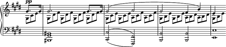 
 \relative c' {
  \new PianoStaff <<
   \new Staff \with { \remove "Time_signature_engraver" } { \key cis \minor \time 2/2 \partial 4
    <<
     { gis'8. gis16 gis2. gis8. gis16 gis2( a gis fis4 b) e, }
    \\
     {
      gis,8*2/3[^\markup \dynamic pp cis e] gis,[ dis' fis] gis, dis' fis gis,[ dis' fis] gis, dis' fis
      gis,[ cis e] gis, cis e a,[ cis fis] a, cis fis gis,[ b e] gis, b e a,[ b dis] a b dis gis,[ b e]
     }
    >>
   }
   \new Staff \with { \remove "Time_signature_engraver" } { \key cis \minor \time 2/2 \clef bass
    s4 <bis, gis bis,>1 <cis cis,>2( ^\( <fis, fis,>) \) <b b,> <b b,> <e e,>1*1/4
   }
  >>
 }
