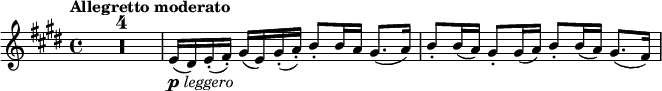 \relative c' \new Staff {
\key e \major \set Score.tempoHideNote = ##t \tempo "Allegretto moderato" 4=92 \time 4/4
\override Score.NonMusicalPaperColumn #'line-break-permission = ##f
\compressEmptyMeasures R1*4 e16_\markup { \dynamic p \italic leggero } ( dis) e_.( fis_.) gis( e) gis_.( a_.) b8_. b16 a gis8.( a16)
b8_. b16( a) gis8_. gis16( a) b8_. b16( a) gis8.( fis16)
}