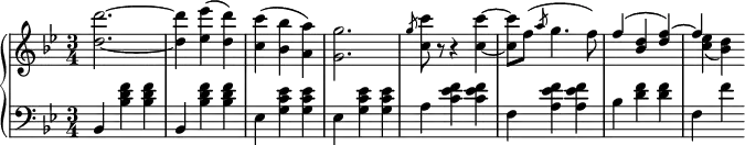 \relative b' {
\new PianoStaff <<
\new Staff { \key g \minor \time 3/4
\set Score.tempoHideNote = ##t \tempo "" 2. = 56
<d d'>2.~ <d d'>4 <ees ees'>( <d d'>) <c c'>( <bes bes'> <a a'>) <g g'>2. \slashedGrace g'8 <c, c'> r r4 <c c'>~ <c c'>8 f( \slashedGrace a8 g4. f8)
<<
{f4( <bes, d> <d f>) ~ f s}
\\
{s2. <c ees>4( <bes d>)}
>>
}
\new Dynamics {
}
\new Staff { \key g \minor \time 3/4 \clef bass
bes,,4 <bes' d f> <bes d f> bes,4 <bes' d f> <bes d f> ees, <g c ees> <g c ees> ees <g c ees> <g c ees> a <c ees f> <c ees f> f, <a ees' f> <a ees' f> bes <d f> <d f> f, f'
}
>>
}